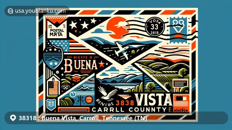 Modern illustration of Buena Vista, Carroll County, Tennessee, featuring postal theme with ZIP code 38318, showcasing Tennessee state flag, Carroll County outline, and rural symbols.