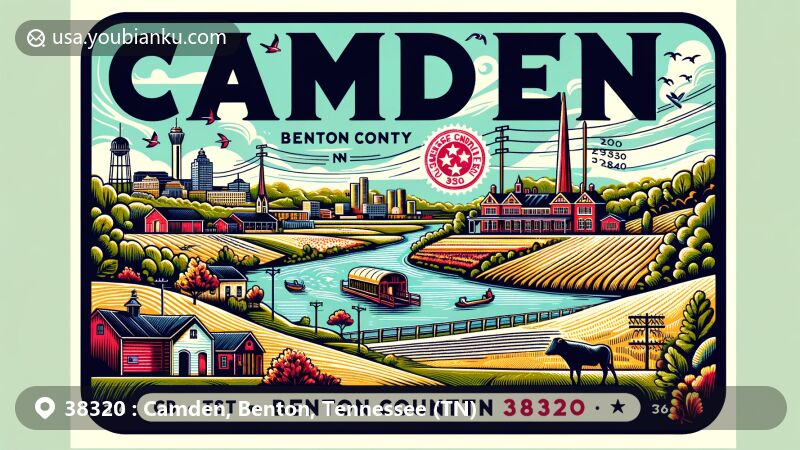 Modern illustration of Camden, Benton County, Tennessee, with ZIP code 38320, featuring geographical elements, agricultural heritage, local flora and fauna, vintage postcard design, stamp, and postmark.