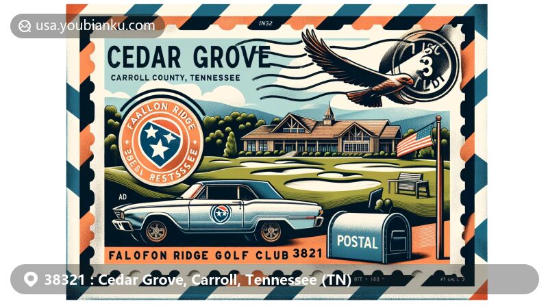 Modern illustration of Cedar Grove, Carroll County, Tennessee, centered around a postal theme with ZIP code 38321, featuring Falcon Ridge Golf Club and Tennessee state symbols.