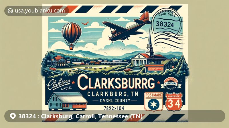 Modern illustration of Clarksburg, Tennessee, highlighting postal theme with ZIP code 38324, featuring vintage air mail envelope and postmark, alongside iconic landmarks of Carroll County and Tennessee State Route 22.