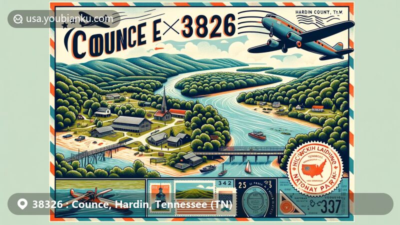 Modern illustration of Counce, Hardin County, Tennessee, highlighting postal theme with ZIP code 38326, featuring Tennessee River, Pickwick Landing State Park, and Shiloh National Military Park.