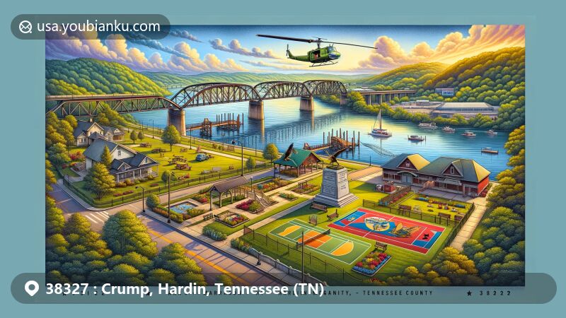 Modern illustration of Crump, Hardin County, Tennessee, depicting the Harrison-McGarity-Carpenter Bridge, Crump city park, AH-1 Huey Cobra Gunship memorial, and Tennessee River within a vintage air mail envelope with ZIP code 38327.