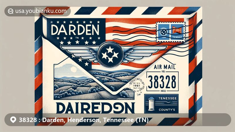 Vintage-style illustration representing Darden, Henderson County, Tennessee, tied to ZIP code 38328, featuring air mail envelope with red and blue stripes, showcasing Henderson County outline, rural landscapes, Tennessee state flag, and postal elements.