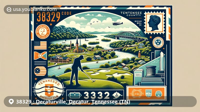 Modern illustration of Decaturville, Decatur County, Tennessee, showcasing ZIP code 38329 with Tennessee River Golf Club and Decatur County Monuments.