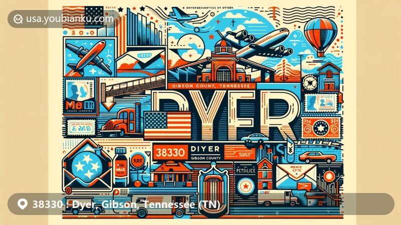 Modern illustration of Dyer, Gibson County, Tennessee, highlighting ZIP code 38330 with vintage air mail envelope, Tennessee state flag, Gibson County outline, and local landmarks. Includes postal elements like stamps, postmark, and mail motifs.