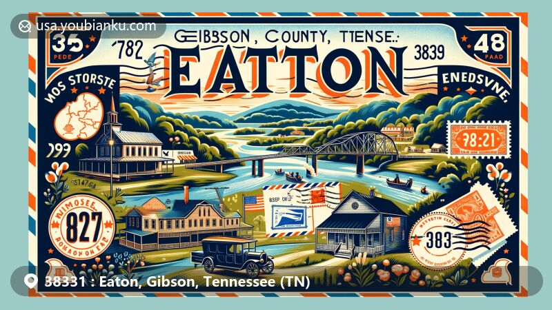 Modern illustration of Eaton, Gibson County, Tennessee, with postal theme and ZIP code 38331, showcasing local geography and historical significance.