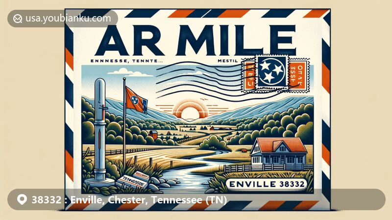 Modern illustration of Enville, Chester County, Tennessee, with airmail envelope backdrop, showcasing serene landscape, Tennessee state flag, labels 'Enville' and '38332,' postage stamp, postmark 'Enville, TN 38332,' and subtle nods to Chester and McNairy counties.