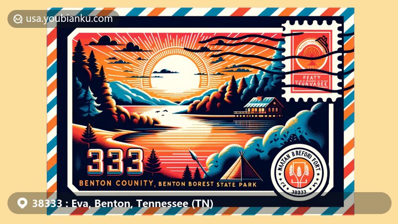 Modern illustration of Eva, Benton County, Tennessee, featuring postal theme with ZIP code 38333, showcasing Kentucky Lake, Nathan Bedford Forrest State Park, and elements reflecting Native American heritage.