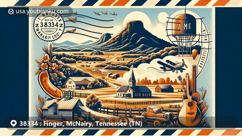 Modern and creative illustration of Finger, Tennessee, McNairy County, showcasing postal and regional features with annual Finger Barbecue, Selmer courthouse silhouette, vintage postal elements, Finger, TN postmark, musical nods, and Tennessee state flag.
