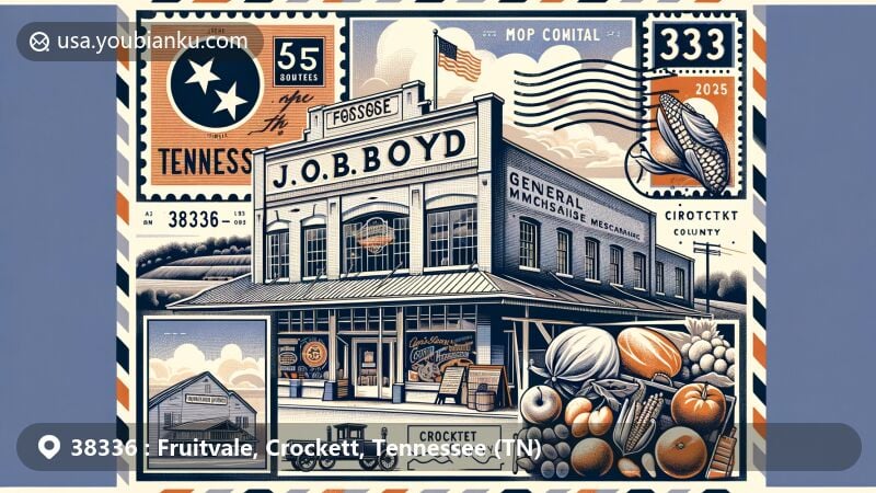 Modern illustration of Fruitvale, Crockett County, Tennessee, capturing the essence of local landmarks and history, including the J.O. Boyd General Merchandise Store with its iconic mural, agricultural imagery, vintage postal elements, and ZIP code 38336.
