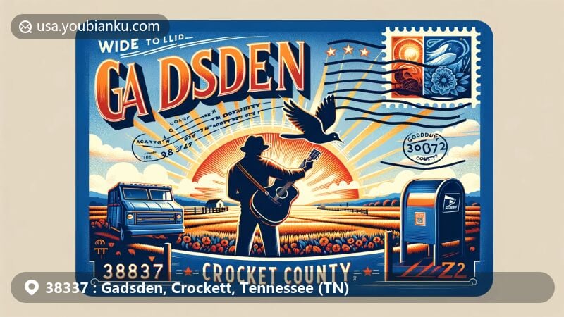 Modern illustration of Gadsden, Crockett County, Tennessee, blending cultural and natural beauty with postal elements, featuring a silhouette of Scotty Moore playing the guitar and rural Tennessee landscape.