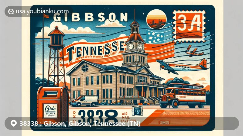 Modern illustration of Gibson, Tennessee, showcasing postal theme with ZIP code 38338, featuring vintage postcard style with nods to state identity and local landmarks.