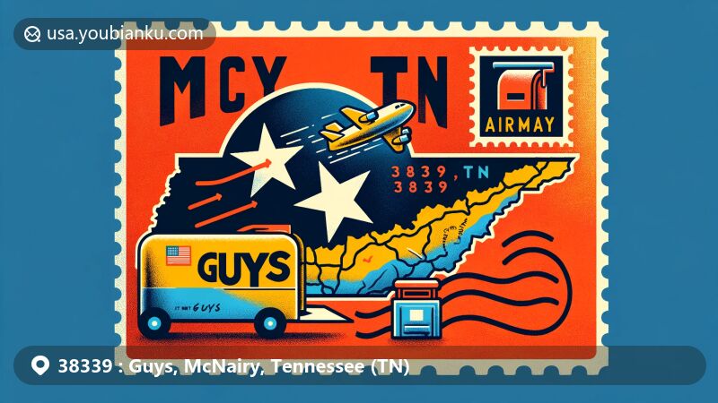 Modern illustration of Guys, McNairy County, Tennessee, showcasing postal theme with ZIP code 38339, featuring Tennessee state flag and McNairy County outline.