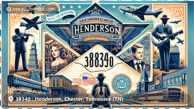 Modern illustration of Henderson, Tennessee, featuring airmail envelope with ZIP Code 38340, showcasing postal elements merging with local landmarks, including Freed-Hardeman University and Eddy Arnold.