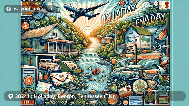 Modern illustration of Holladay, Tennessee, featuring Natchez Trace State Park and Tennessee River Freshwater Pearl Farm and Museum, along with postal elements and ZIP code 38341.