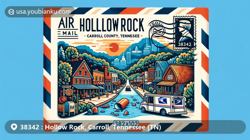 Contemporary illustration of Hollow Rock, Carroll County, Tennessee, highlighting postal theme with ZIP code 38342, featuring town's peaceful streets and natural symbols.