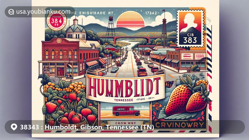Modern illustration of Humboldt, Gibson, Tennessee, showcasing postal theme with ZIP code 38343, featuring Strawberry Festival Exhibit, Crown Winery, and rural landscape.