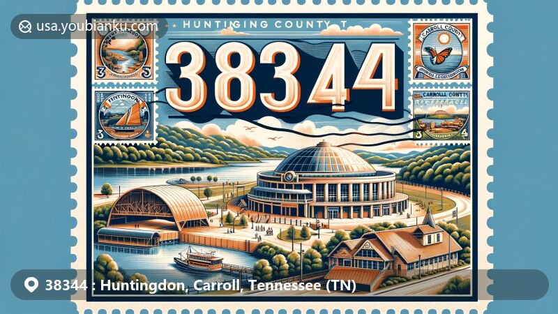 Modern illustration of Huntingdon, Carroll County, Tennessee, highlighting ZIP code 38344, featuring Dixie Carter Performing Arts and Academic Enrichment Center and Carroll County 1000 Acre Recreational Lake.