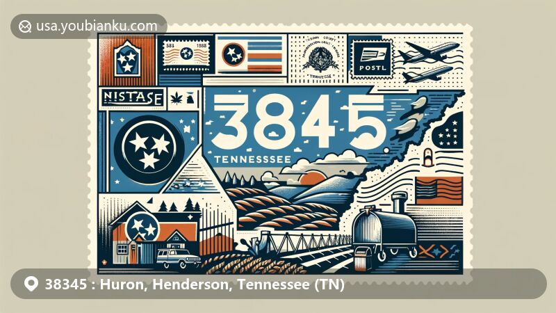 Modern illustration of Huron, Henderson County, Tennessee, featuring postal theme with ZIP code 38345, showcasing state flag, map outline, and rural landscapes.