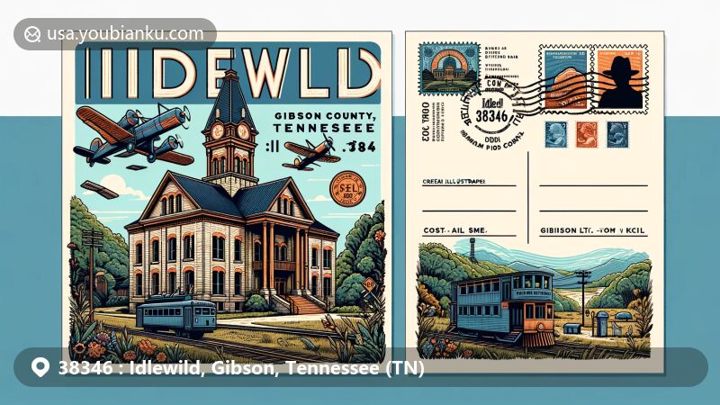 Artistic depiction of Idlewild, Gibson County, Tennessee, with focus on ZIP code 38346, showcasing Gibson County Courthouse and rural American setting with railroad heritage.