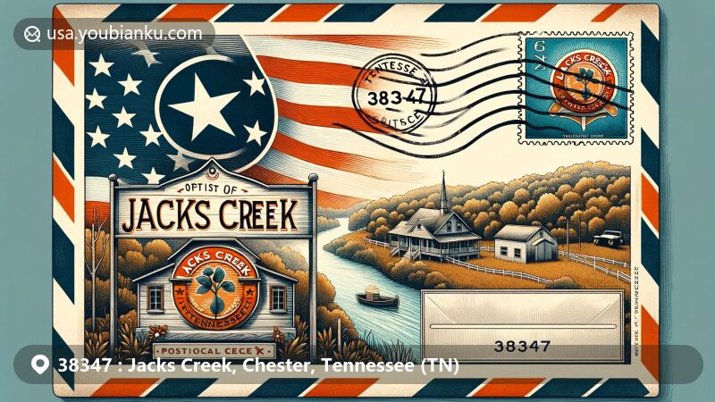 Modern illustration of Jacks Creek, Tennessee, displaying postal theme with ZIP code 38347, featuring Tennessee state flag and vintage postcard design with historical marker stamp.