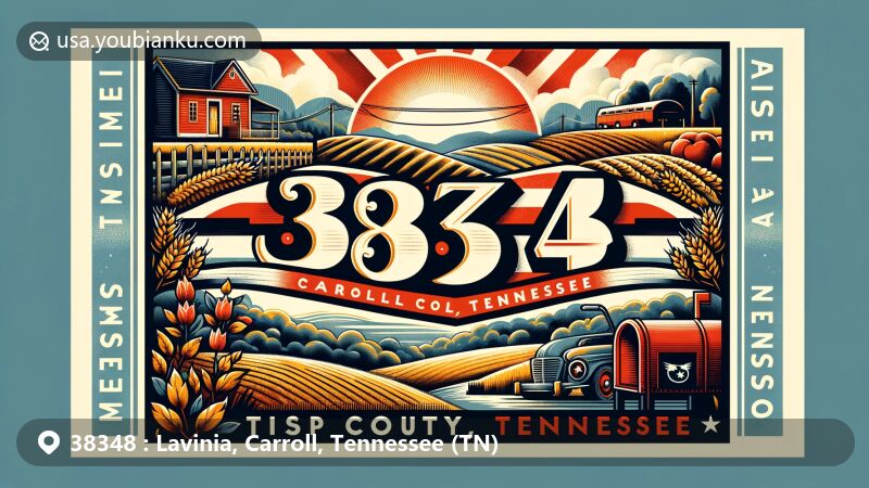 Modern illustration of Lavinia, Carroll County, Tennessee, showcasing postal theme with ZIP code 38348, featuring rural landscapes and Tennessee state symbols.