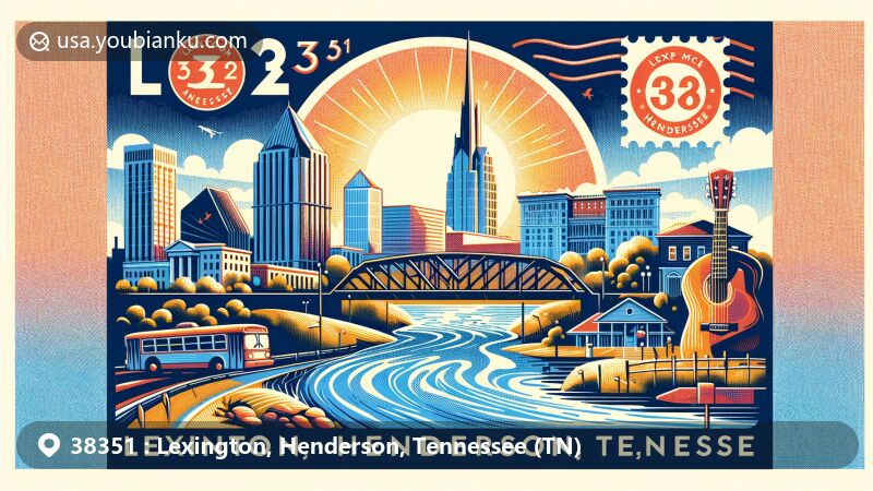 Modern illustration of Lexington, Henderson, Tennessee, spotlighting ZIP code 38351, featuring Beech River and musical symbols representing the city's rich musical heritage.