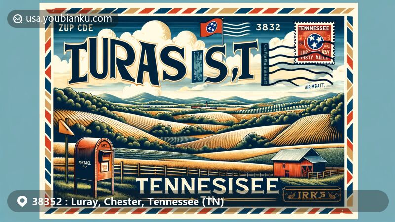 Modern illustration of Luray area in Tennessee, blending rural charm and postal elements, featuring rolling hills, agricultural landscapes, and Tennessee state flag.