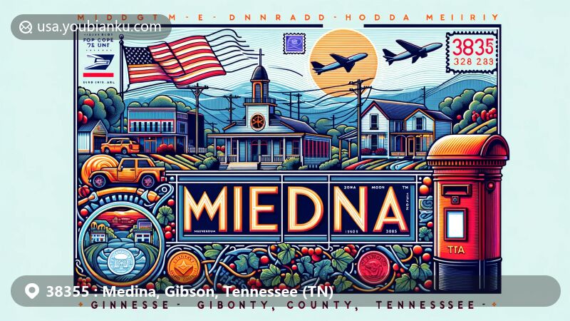 Modern illustration of Medina, Gibson County, Tennessee, showcasing postal theme with ZIP code 38355, featuring Main Street of Medina, Tennessee state flag, stamps, postmark, and red mailbox.