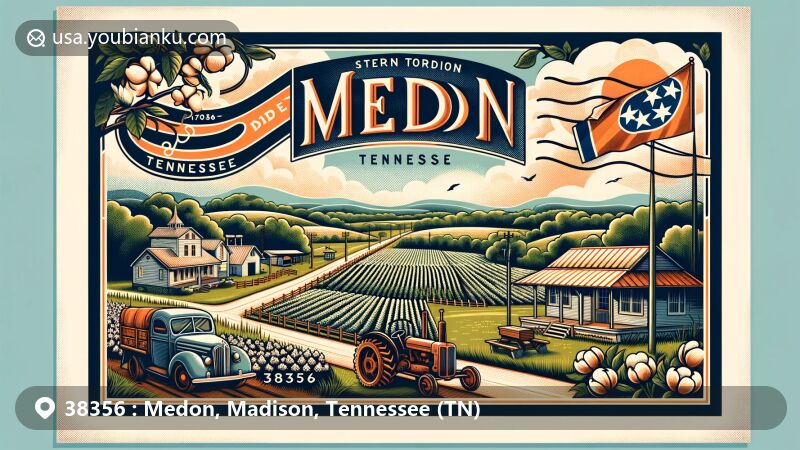 Modern illustration of Medon, Madison County, Tennessee, capturing rural charm with rolling hills, lush greenery, and agricultural symbols, including cotton fields and a vintage bus station, featuring Tennessee state flag.