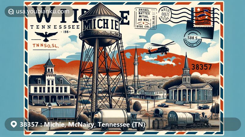 Modern illustration of Michie, McNairy County, Tennessee, showcasing postal theme with ZIP code 38357, featuring water tower, Michie House from the Battle of Shiloh, vintage postcard layout, and Tennessee state flag.