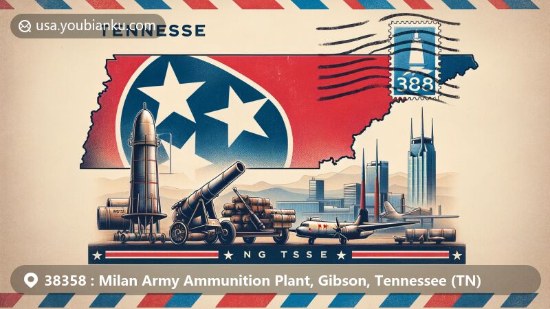Modern illustration of Milan Army Ammunition Plant, Gibson County, Tennessee, creatively incorporating postal theme with ZIP code 38358, featuring Tennessee state flag, Gibson County outline, and landmark or cultural element related to the plant.