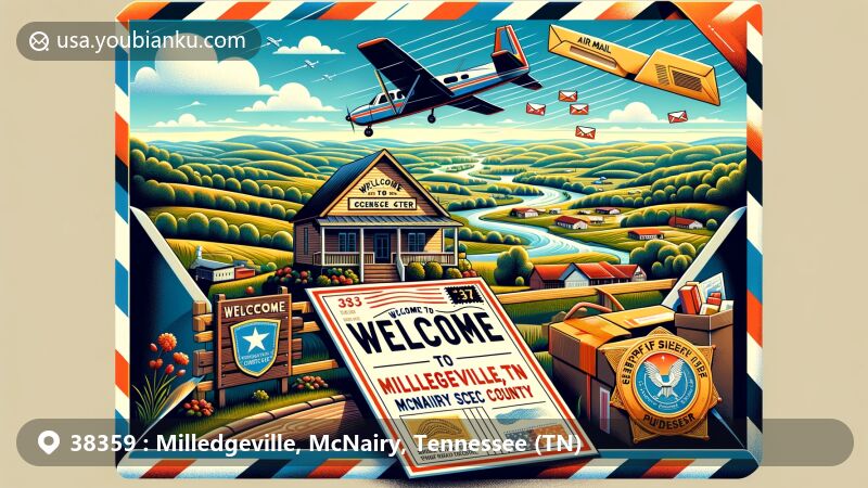 Colorful illustration of Milledgeville, Tennessee, showcasing Coon Creek Science Center and Sheriff Buford Pusser badge, set in a giant air mail envelope with Tennessee countryside backdrop.