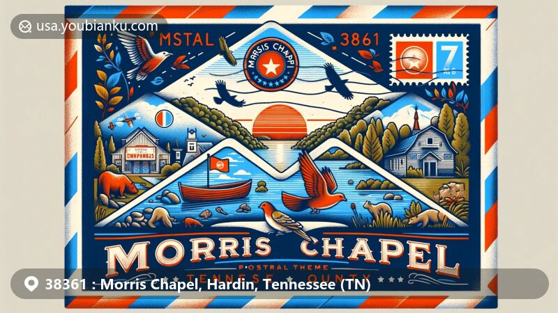 Modern illustration of Morris Chapel, Hardin County, Tennessee, featuring a creatively designed airmail envelope with ZIP code 38361, showcasing natural beauty, Tennessee state flag, and local landmarks like Pinson Mounds State Park.