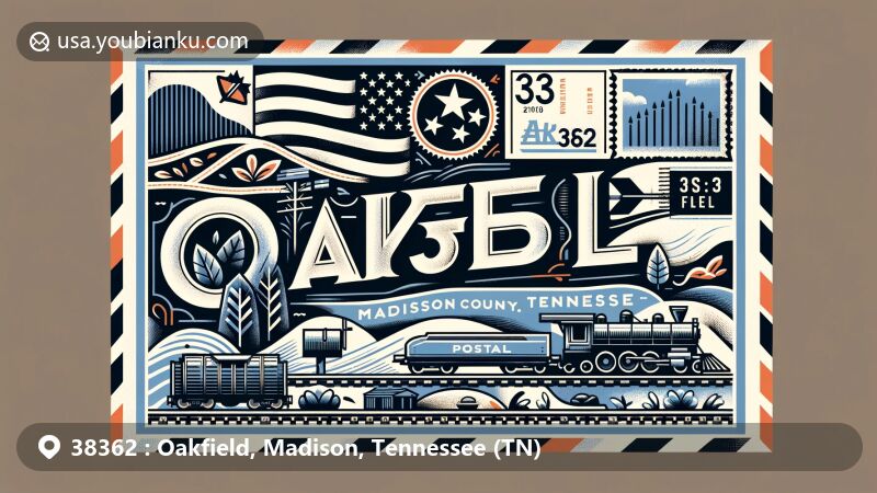 Modern illustration of Oakfield, Madison County, Tennessee, inspired by airmail envelope design with ZIP code 38362, featuring Tennessee state flag, rural landscapes, and postal elements.
