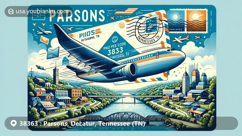 Modern illustration of Parsons, Decatur, Tennessee, emphasizing the postal theme with ZIP code 38363, featuring airmail envelope, Tennessee River, and Southern-style architecture or natural landscapes of the area.