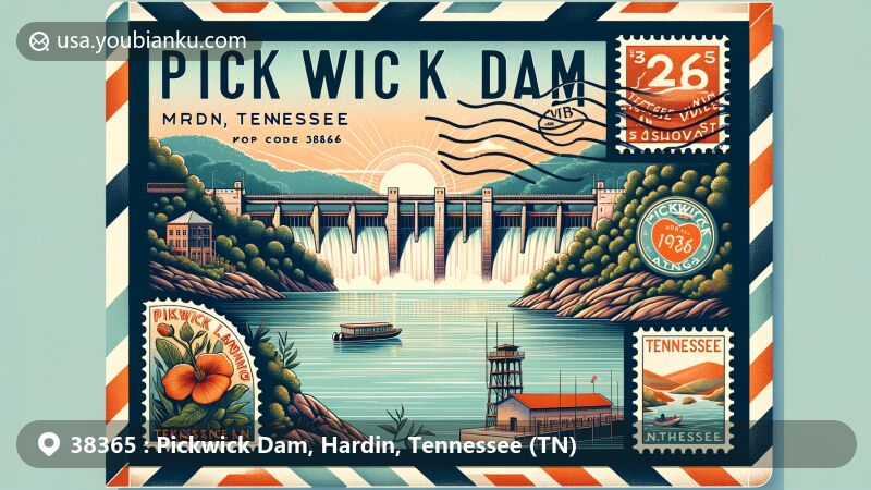 Modern illustration of Pickwick Dam, Hardin, Tennessee, featuring the scenic Tennessee River and highlighting the area's hydroelectric project and natural beauty, with postal theme showcasing vintage stamps and postal mark 'Pickwick Dam, TN 38365'.
