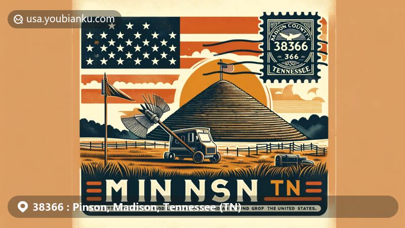 Modern illustration of Pinson, Madison County, Tennessee, featuring postal theme with ZIP code 38366, showcasing Pinson Mounds, the largest prehistoric Native American mound complex in the Woodland period, symbolizing the cultural heritage and archaeological significance of the region. The artwork incorporates elements of Tennessee, such as the state flag, and postal elements including stamps and postmarks, prominently displaying 'Pinson, TN' and '38366', creatively capturing the rich cultural heritage of Pinson and its historical importance in the United States.