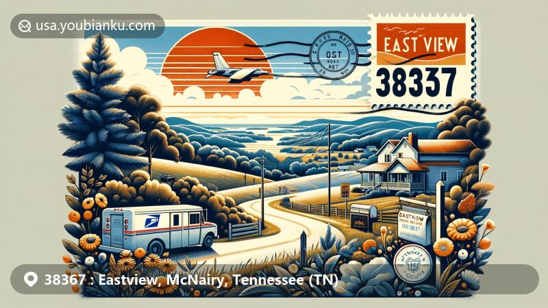 Modern illustration of Eastview, McNairy, Tennessee, representing the intersection of U.S. Route 45 and Tennessee State Route 57, surrounded by the serene rural landscape typical of McNairy County, integrating a postal theme with elements like a postage stamp, a postal mark, and ZIP code 38367.