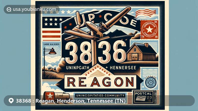 Modern illustration of Reagan community in Henderson County, Tennessee, highlighting ZIP code 38368 with nods to its status as an unincorporated area and original name Barren Springs. Features postal elements and coordinates 35.52167°N, 88.34250°W.