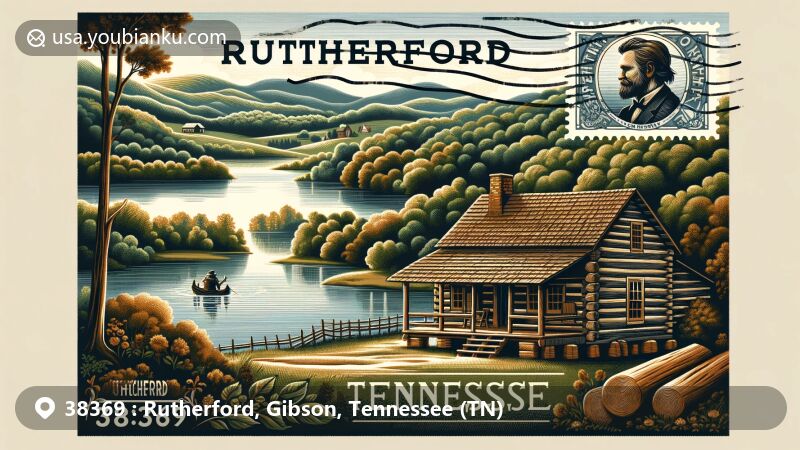 Modern illustration of Rutherford, Gibson County, Tennessee, intertwining rural charm with postal elements, showcasing rolling hills, dense forests, and a serene lake. Features Davy Crockett's cabin, surrounded by lush greenery and clear sky, symbolizing its historical significance. Vintage stamp in top right corner with Davy Crockett's silhouette and 