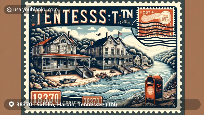Modern illustration of Saltillo, Hardin County, Tennessee, portraying historic river town vibe with homes from the 1840s and Greek Revival and Italianate architectural styles, featuring postal theme with vintage postcard format, Tennessee River postage stamp, 'Saltillo, TN 38370' postal mark, and old-fashioned mailbox.