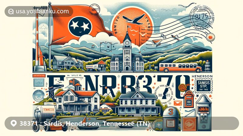 Modern illustration of Sardis, Henderson County, Tennessee, incorporating postal theme with ZIP code 38371 and local symbols, including town hall, Tennessee state flag, postage elements, and scenic landmarks.