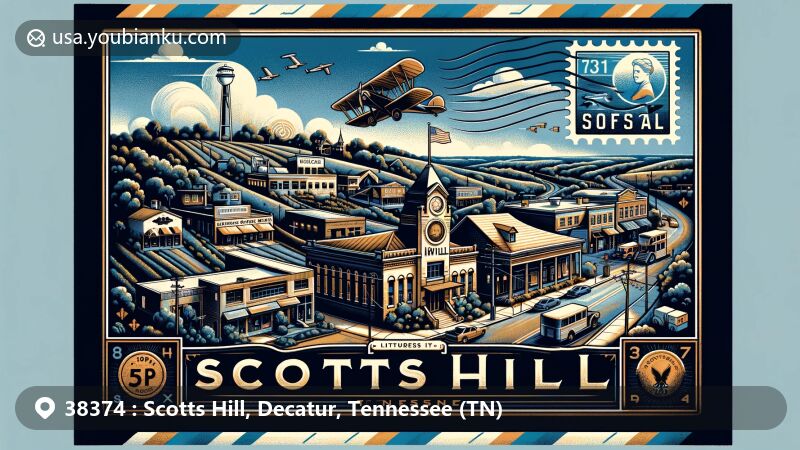 Modern and historical illustration of Scotts Hill, Tennessee (TN), featuring geographical location on the border of Decatur and Henderson Counties, old stage road, post office, tornado and fire disasters of 1916, and modern elements symbolizing resilience and growth. Framed within a vintage airmail envelope with decorative postage stamp highlighting ZIP code 38374.