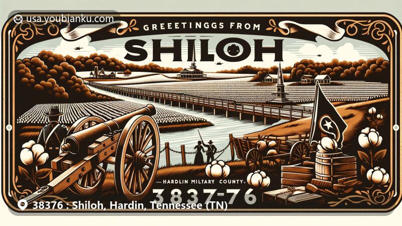 Vintage-style postcard illustration of Shiloh, Hardin County, Tennessee, with Shiloh National Military Park, Civil War history, and serene dusk color palette.