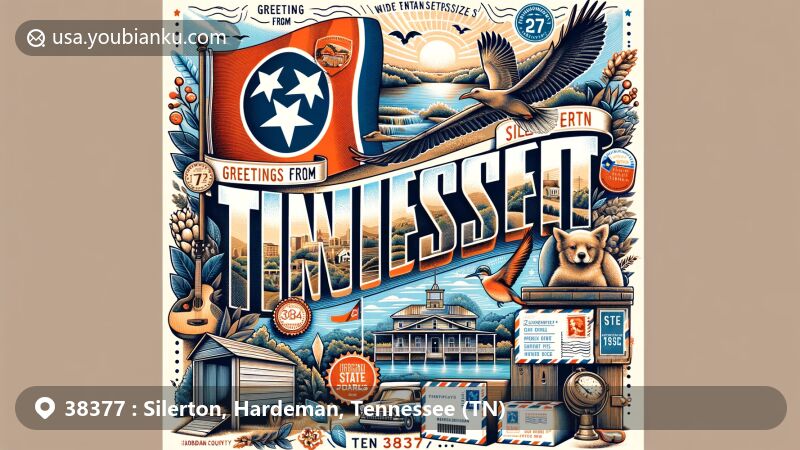 Modern illustration of Silerton, Tennessee, highlighting local elements and landmarks such as Chickasaw State Park, Big Hill Pond State Park, National Bird Dog Museum, and Candlewood Lake within the context of Hardeman County. Includes Tennessee state flag and postal theme with ZIP code 38377.
