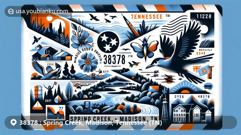 Modern illustration of Spring Creek, Madison, Tennessee, showcasing postal theme with ZIP code 38378, featuring state symbols like the Mockingbird and Iris, and Madison County's unique landscape and architecture silhouettes.