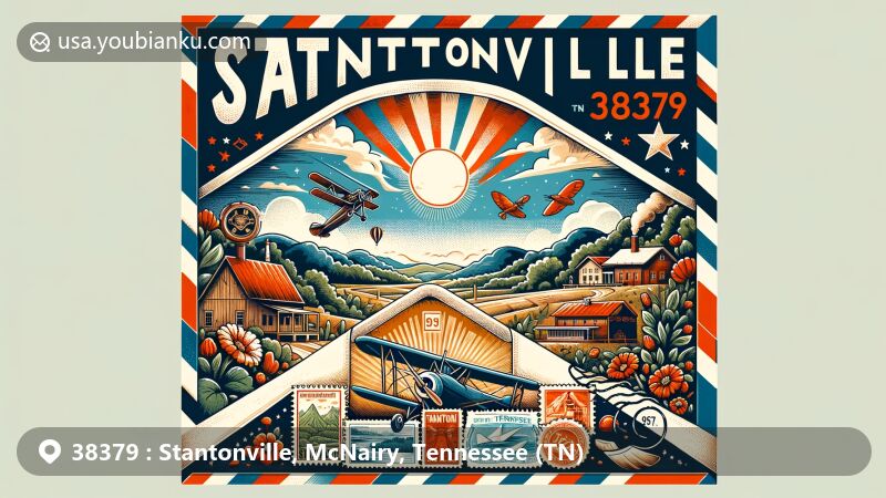 Modern illustration of Stantonville, McNairy County, Tennessee, capturing the essence of ZIP code 38379 with rural landscapes, local flora, and iconic landmarks, featuring a vintage airmail envelope, postage stamps, and a postmark.