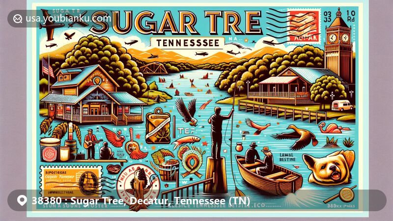 Modern illustration of Sugar Tree, Tennessee, Decatur County, capturing rural charm and community spirit, emphasizing outdoor activities, scenic backgrounds of lakes and parks, and Tennessee's cultural elements.