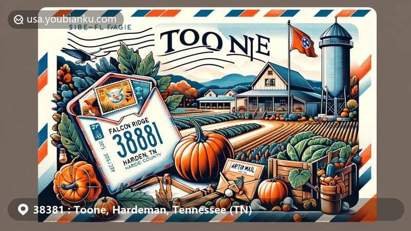 Modern illustration of Toone, Hardeman, Tennessee (TN), highlighting ZIP code 38381 and Falcon Ridge Farm as a symbol of agricultural heritage, with seasonal produce and postal motifs.